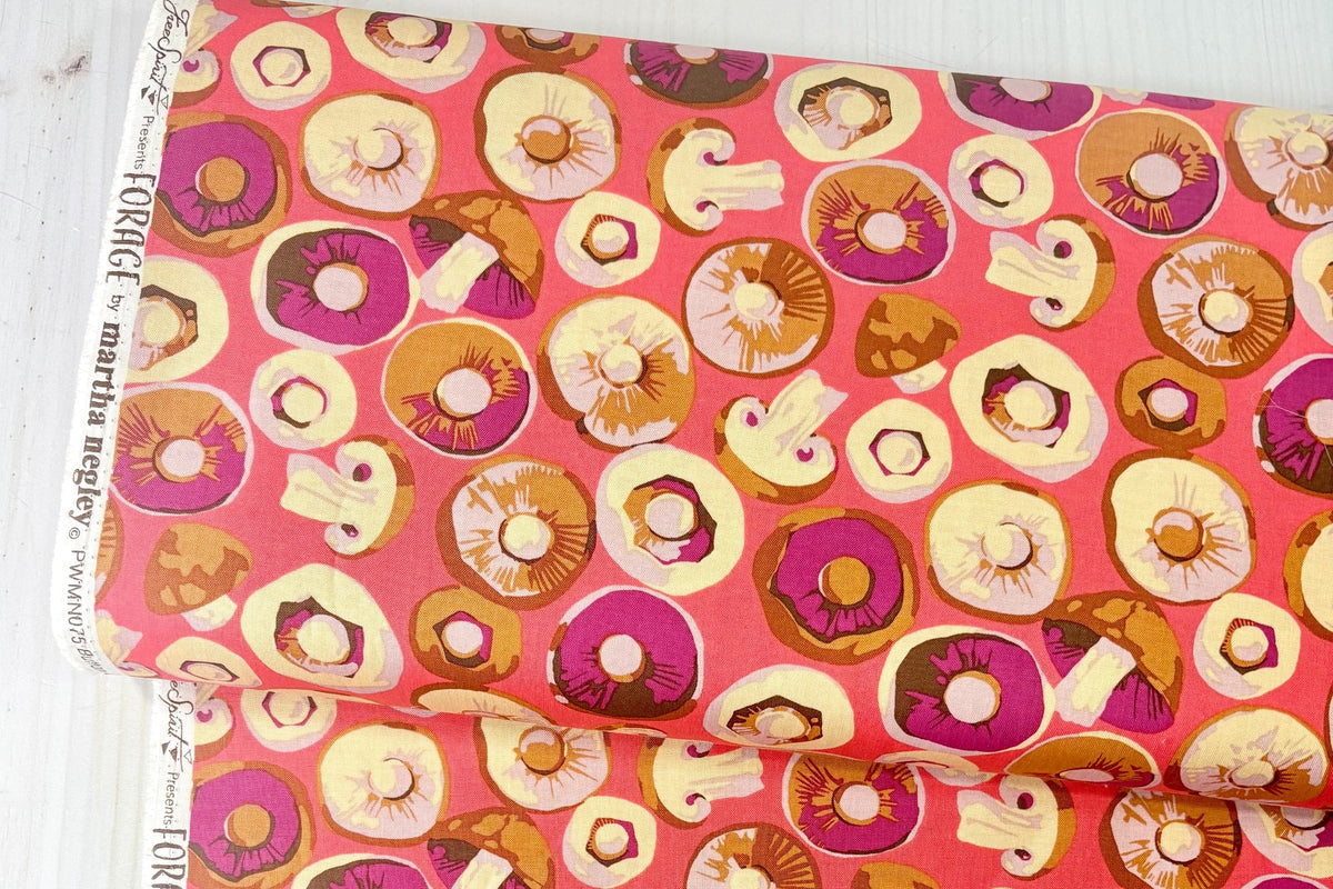 Martha Negley Forage, Button Mushroom - Pink, Free Spirit Fabric, Mushrooms, Cotton Fabric, Sold by the Half Yard