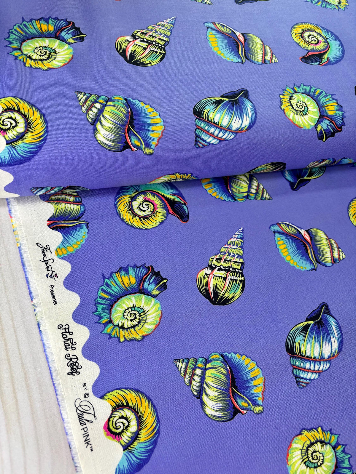 Tula Pink Floral Reef Lil Shelly Marine PWTP266, Free Spirit Fabric, 100% Cotton Fabric, Sold by the Half Yard