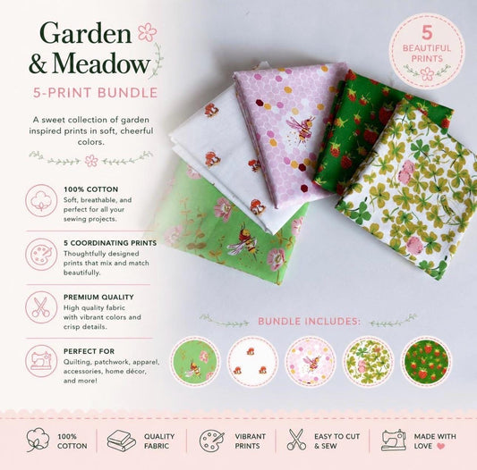 Heather Ross Garden & Meadow Fabric Bundle – Studio Edit by Windham Fabrics – Clover Strawberry Bee Mushroom Prints
