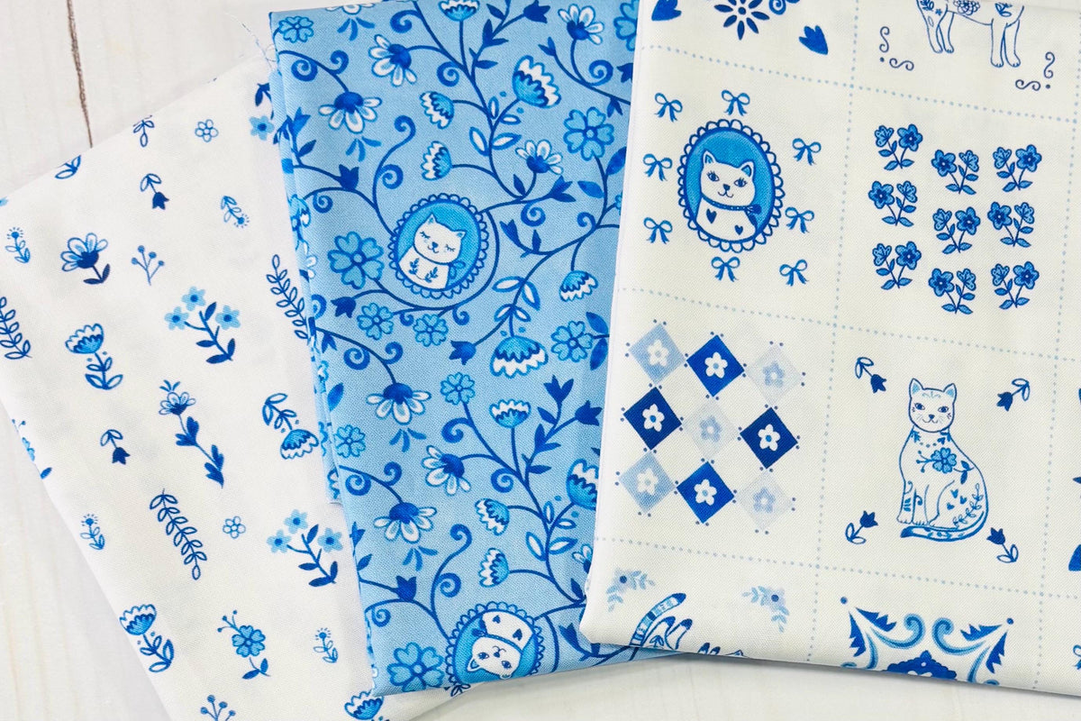 Chateau Meow | Tiny Tiles - White/Blue by Whistler Studios for Windham Fabrics | 55342-1 | Quilting Cotton by the Half Yard