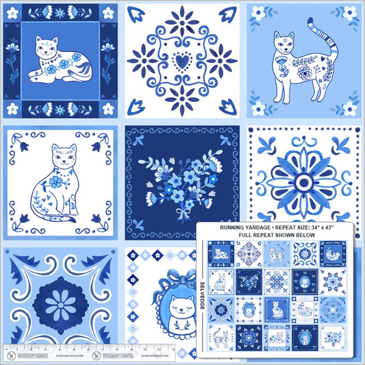 Chateau Meow | Tails and Tiles - White/Blue by Whistler Studios for Windham | 34 Inch Panel
