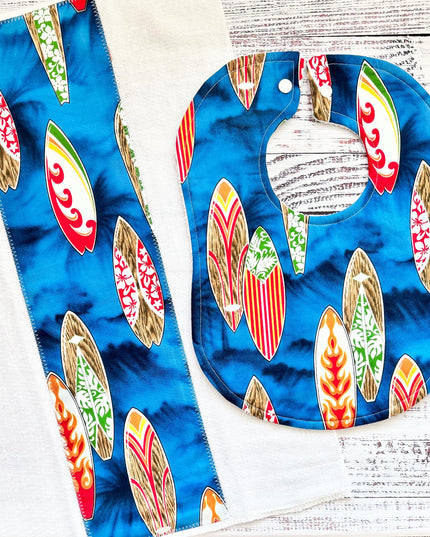 Baby Bibs and Burp Cloth - Baby Boy Bibs - Keiki - Surfer Bib - Surfboard - Baby Shower Gift - Baby's First Christmas Gift - Bib and Burpie