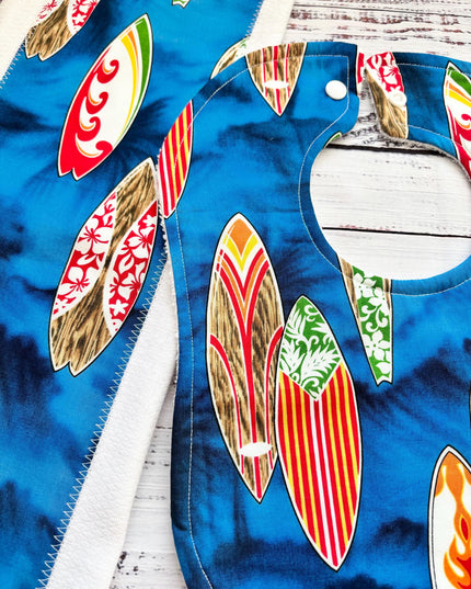 Baby Bibs and Burp Cloth - Baby Boy Bibs - Keiki - Surfer Bib - Surfboard - Baby Shower Gift - Baby's First Christmas Gift - Bib and Burpie