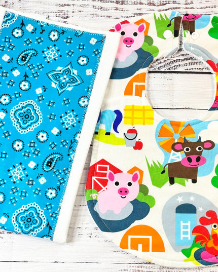 Baby Bib and Burp Cloth - Baby Boy Bibs - Barnyard Bib - Farm Animals - Baby Shower Gift - Baby's First Christmas Gift