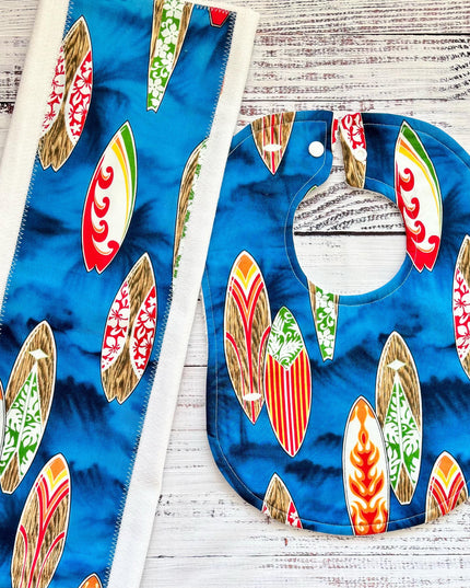 Baby Bibs and Burp Cloth - Baby Boy Bibs - Keiki - Surfer Bib - Surfboard - Baby Shower Gift - Baby's First Christmas Gift - Bib and Burpie