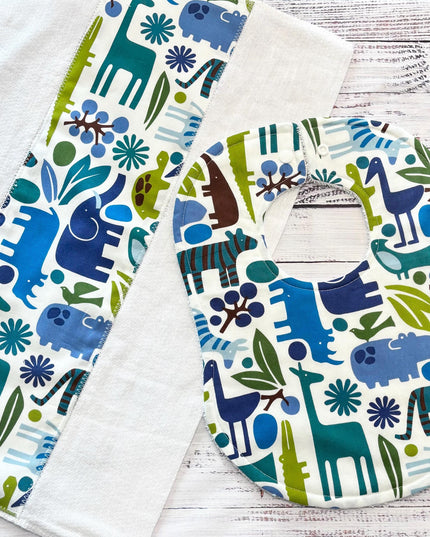 Baby Bib and Burp Cloth - Baby Boy Bibs - Elephant Bib - Zoo Animals - Baby Shower Gift - Baby's First Christmas Gift