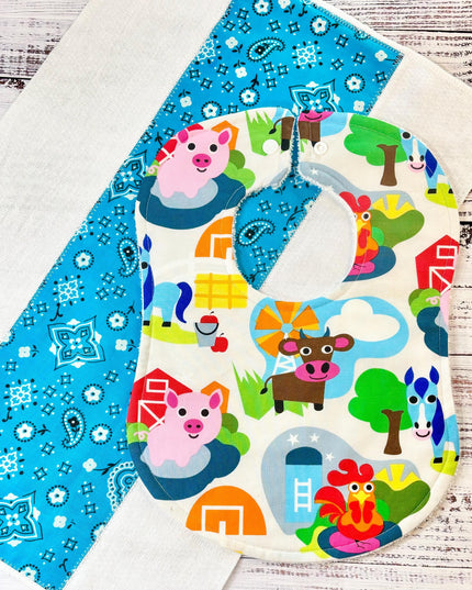 Baby Bib and Burp Cloth - Baby Boy Bibs - Barnyard Bib - Farm Animals - Baby Shower Gift - Baby's First Christmas Gift