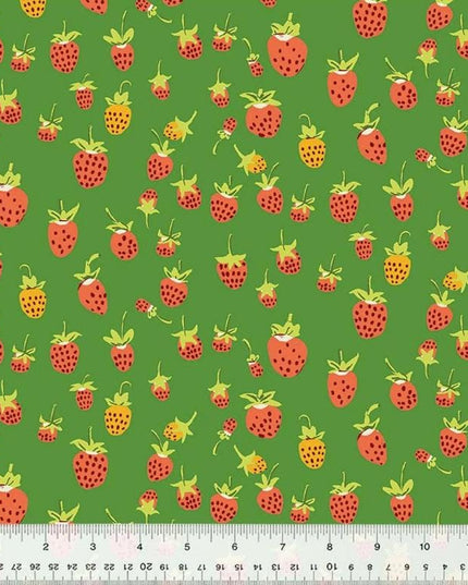 Heather Ross Studio Edit Strawberries on Green, Windham Fabric, Cotton, Sold by the Half Yard