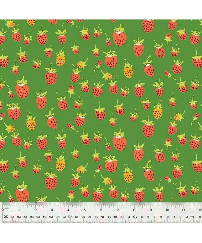 Heather Ross Studio Edit Strawberries on Green, Windham Fabric, Cotton, Sold by the Half Yard