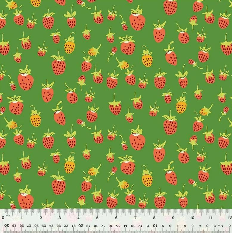 Heather Ross Studio Edit Strawberries on Green, Windham Fabric, Cotton, Sold by the Half Yard