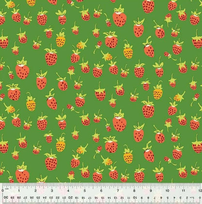 Heather Ross Studio Edit Strawberries on Green, Windham Fabric, Cotton, Sold by the Half Yard