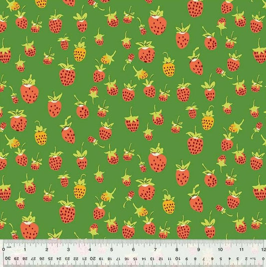 Heather Ross Studio Edit Strawberries on Green, Windham Fabric, Cotton, Sold by the Half Yard