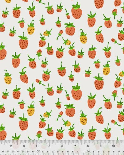 Heather Ross Studio Edit Strawberries on White, Windham Fabric, Cotton, Sold by the Half Yard