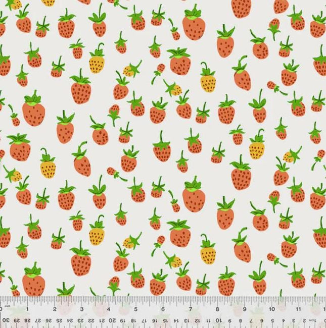 Heather Ross Studio Edit Strawberries on White, Windham Fabric, Cotton, Sold by the Half Yard