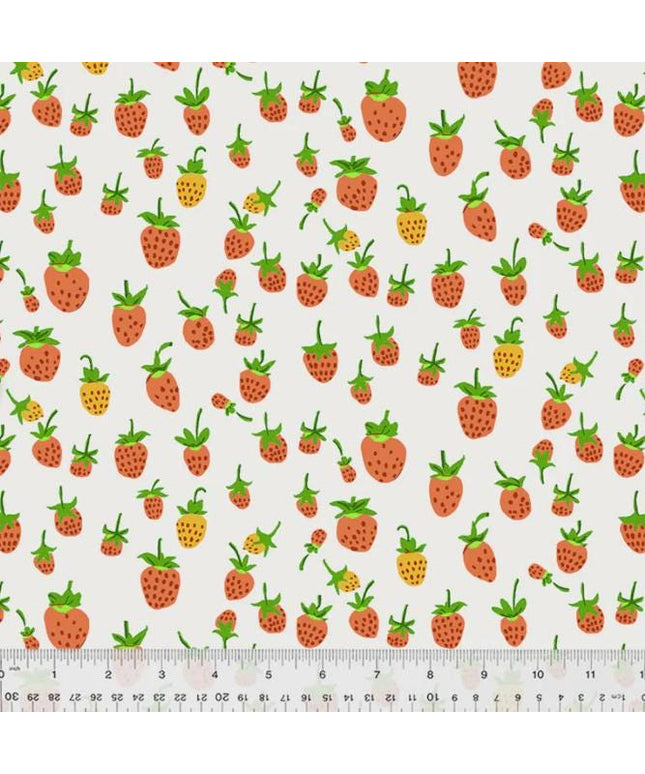 Heather Ross Studio Edit Strawberries on White, Windham Fabric, Cotton, Sold by the Half Yard