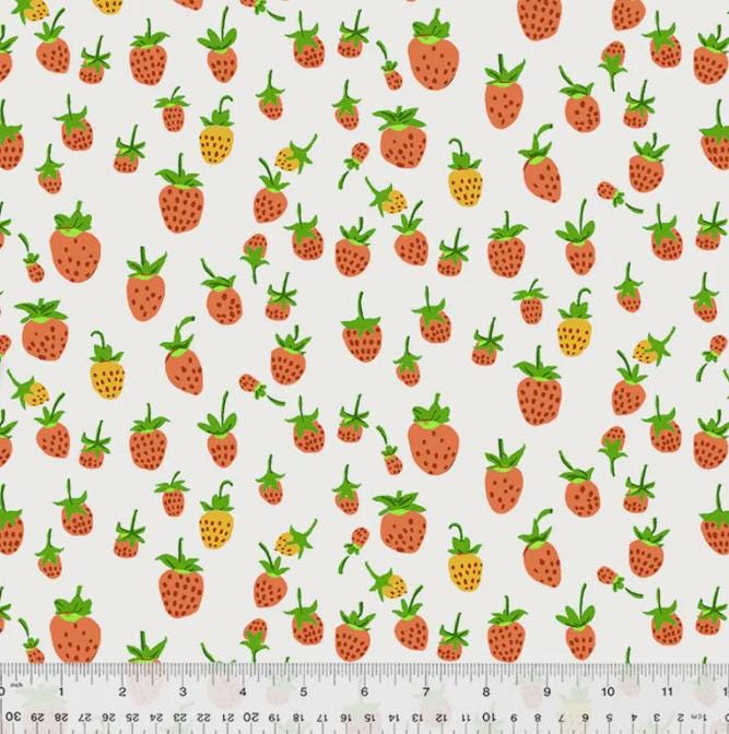Heather Ross Studio Edit Strawberries on White, Windham Fabric, Cotton, Sold by the Half Yard