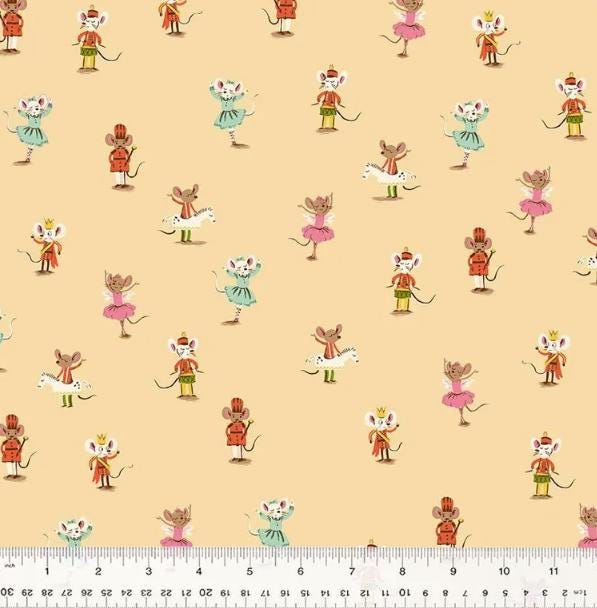 Heather Ross Studio Edit Nutcracker Mice on Peach 50166D-3, Windham Fabric, Cotton, Sold by the Half Yard