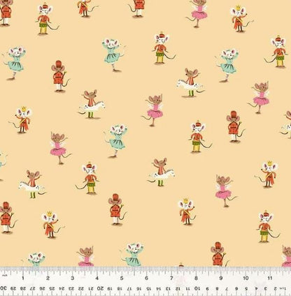 Heather Ross Studio Edit Nutcracker Mice on Peach 50166D-3, Windham Fabric, Cotton, Sold by the Half Yard
