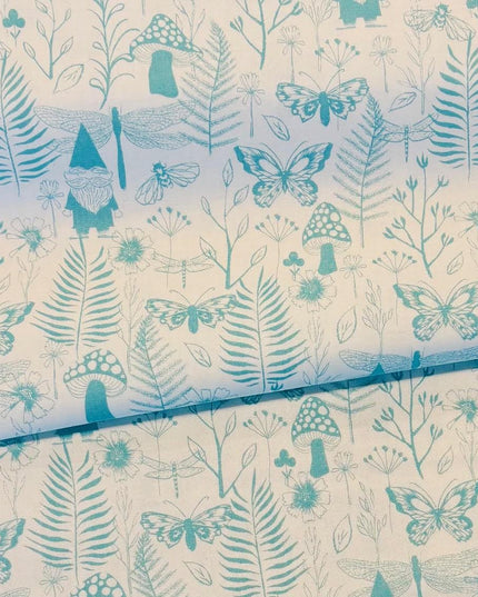 Cotton and Steel Frost, Front Yard, Gnomes in Aqua, Cotton, Sold by the Fat Quarter