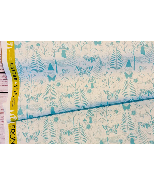 Cotton and Steel Frost, Front Yard, Gnomes in Aqua, Cotton, Sold by the Fat Quarter