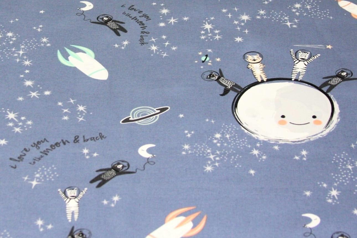 Art Gallery Fabrics Stargazer Love You to the Moon Spatial Friends Space Boy Navy Blue Quilting Cotton CAP-ST-1100 Sold by the Half Yard