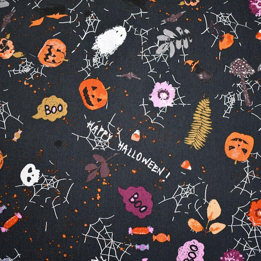Art Gallery Fabrics | Eerie Deliciously Haunted Collage Cotton Graphite | AGF Halloween | Sold by the Half Yard
