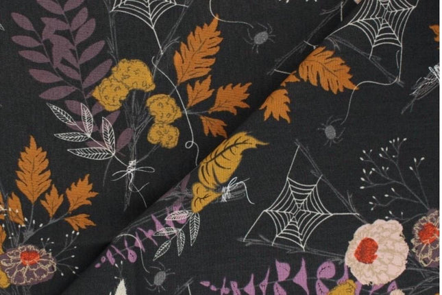 Cast A Spell, Fall Floral Foliage, Spider Web, Leaves, Black & White Halloween, Scary, Spooky n Sweeter, Art Gallery, Sold by Half Yard
