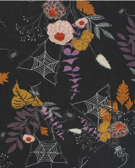 Cast A Spell, Fall Floral Foliage, Spider Web, Leaves, Black & White Halloween, Scary, Spooky n Sweeter, Art Gallery, Sold by Half Yard