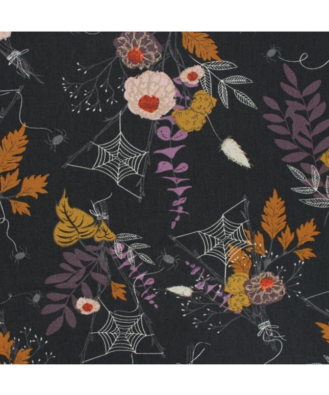 Cast A Spell, Fall Floral Foliage, Spider Web, Leaves, Black & White Halloween, Scary, Spooky n Sweeter, Art Gallery, Sold by Half Yard