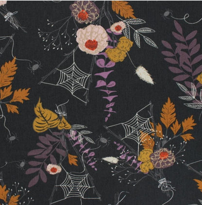 Cast A Spell, Fall Floral Foliage, Spider Web, Leaves, Black & White Halloween, Scary, Spooky n Sweeter, Art Gallery, Sold by Half Yard