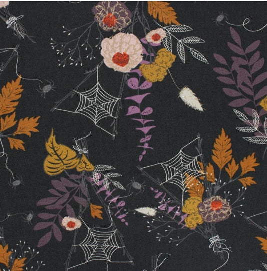 Cast A Spell, Fall Floral Foliage, Spider Web, Leaves, Black & White Halloween, Scary, Spooky n Sweeter, Art Gallery, Sold by Half Yard
