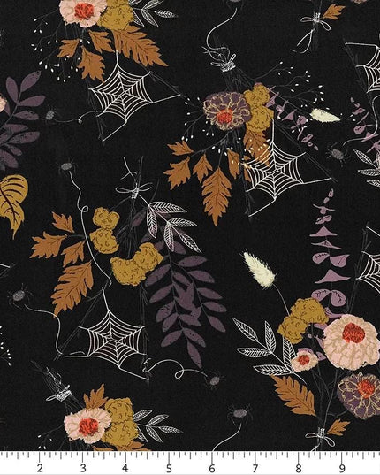 Cast A Spell, Fall Floral Foliage, Spider Web, Leaves, Black & White Halloween, Scary, Spooky n Sweeter, Art Gallery, Sold by Half Yard