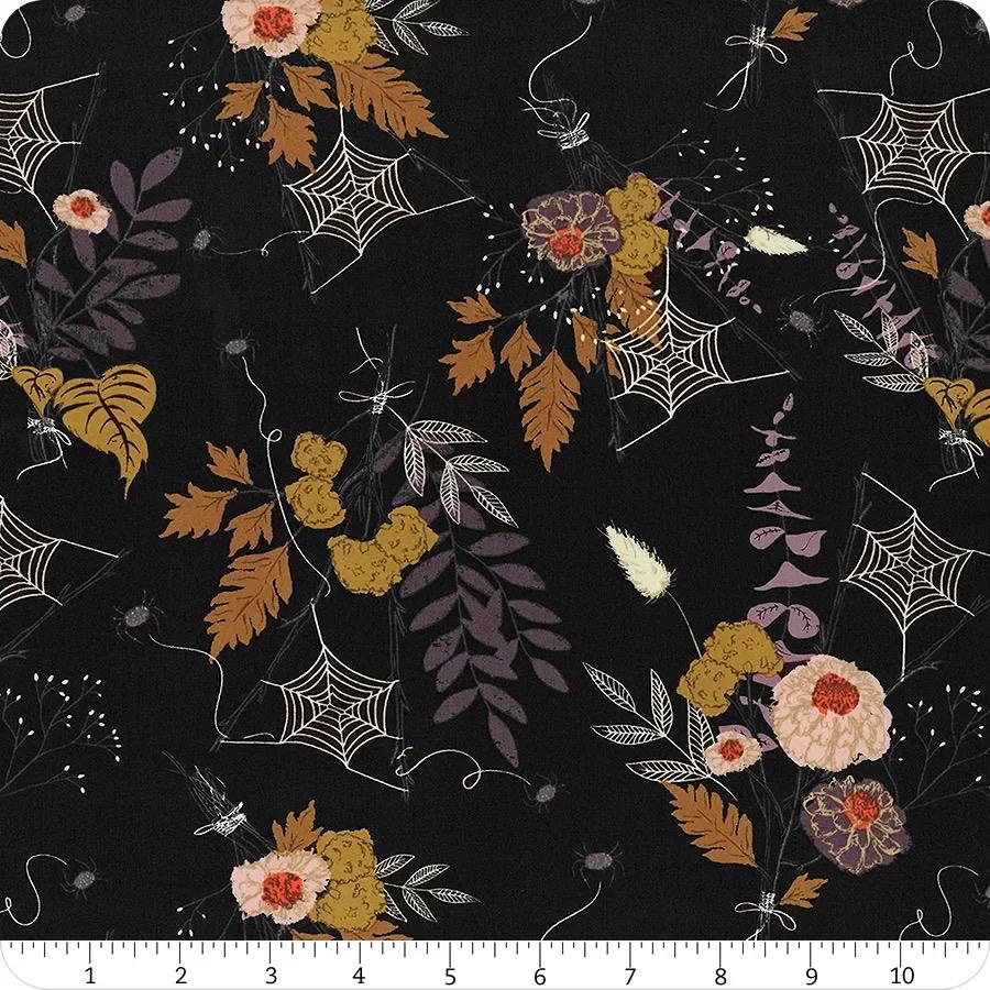 Cast A Spell, Fall Floral Foliage, Spider Web, Leaves, Black & White Halloween, Scary, Spooky n Sweeter, Art Gallery, Sold by Half Yard