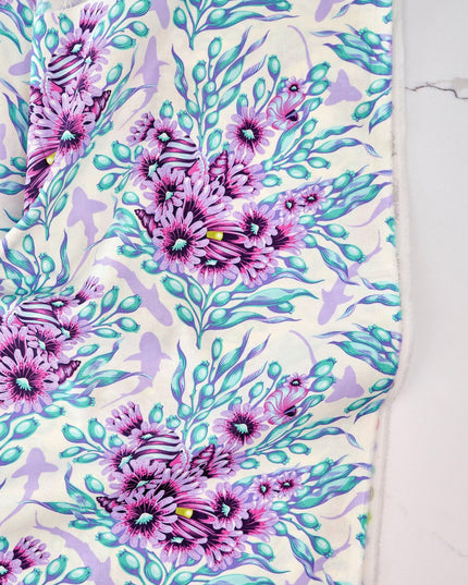 PRE-ORDER, Tula Pink Floral Reef Shadow Sharks Ultraviolet PWTP267, Free Spirit Fabric, Ocean, 100% Cotton Fabric, April 2026 Release