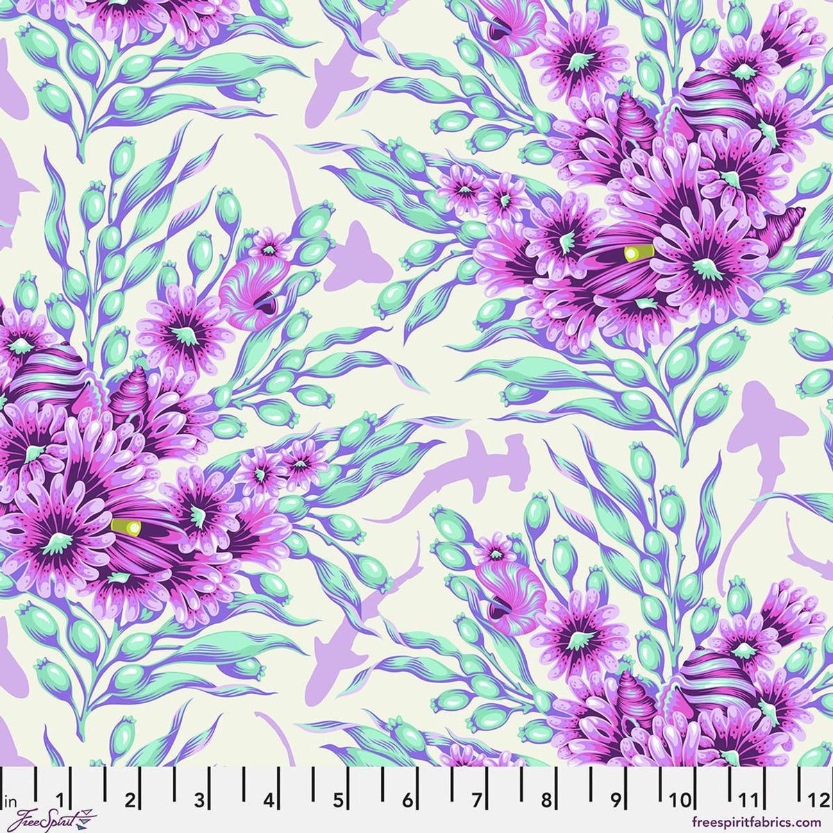 Tula Pink Floral Reef Shadow Sharks Ultraviolet PWTP267, Free Spirit Fabric, Ocean, 100% Cotton Fabric, Sold by the Half Yard