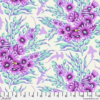 Tula Pink Floral Reef Shadow Sharks Ultraviolet PWTP267, Free Spirit Fabric, Ocean, 100% Cotton Fabric, Sold by the Half Yard