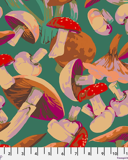 Martha Negley Forage, Mushroom Medley - Green, Free Spirit Fabric, Mushrooms, Cotton Fabric, Sold by the Half Yard