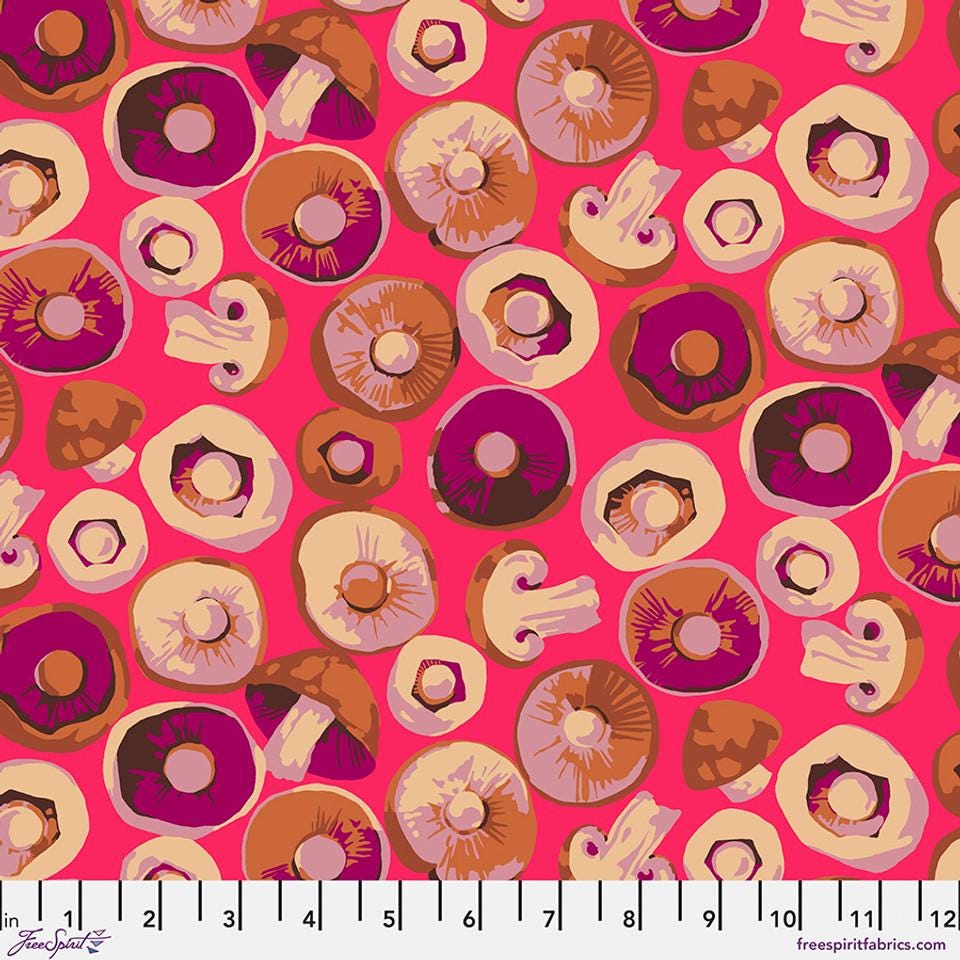 Martha Negley Forage, Button Mushroom - Pink, Free Spirit Fabric, Mushrooms, Cotton Fabric, Sold by the Half Yard