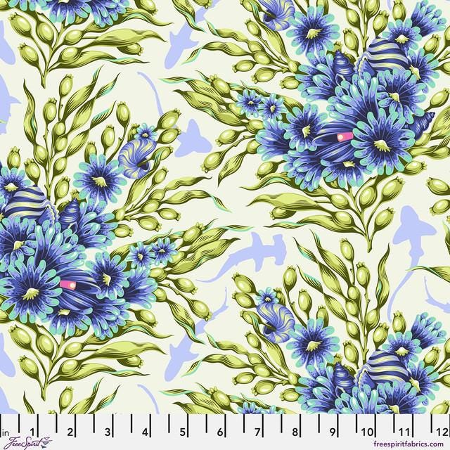 Tula Pink Floral Reef Shadow Sharks Marine PWTP267, Free Spirit Fabric, Ocean, 100% Cotton Fabric, Sold by the Half Yard
