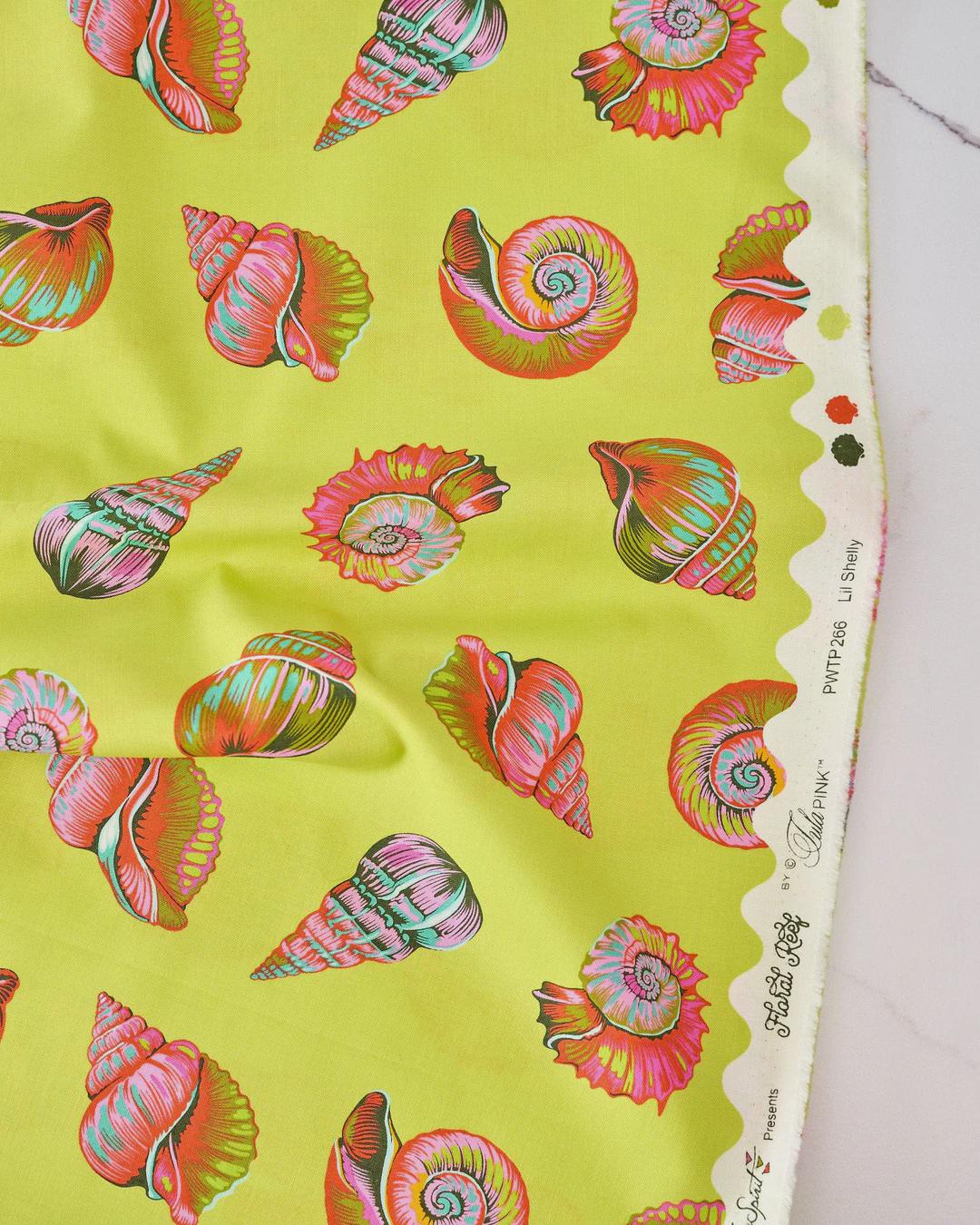 Tula Pink Floral Reef Lil Shelly Seagrass PWTP266, Free Spirit Fabric, 100% Cotton Fabric, Sold by the Half Yard