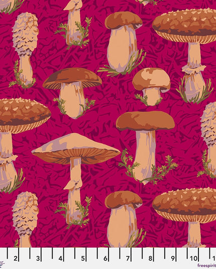 Martha Negley Forage, Forest - Magenta, Free Spirit Fabric, Mushrooms, Cotton Fabric, Sold by the Half Yard