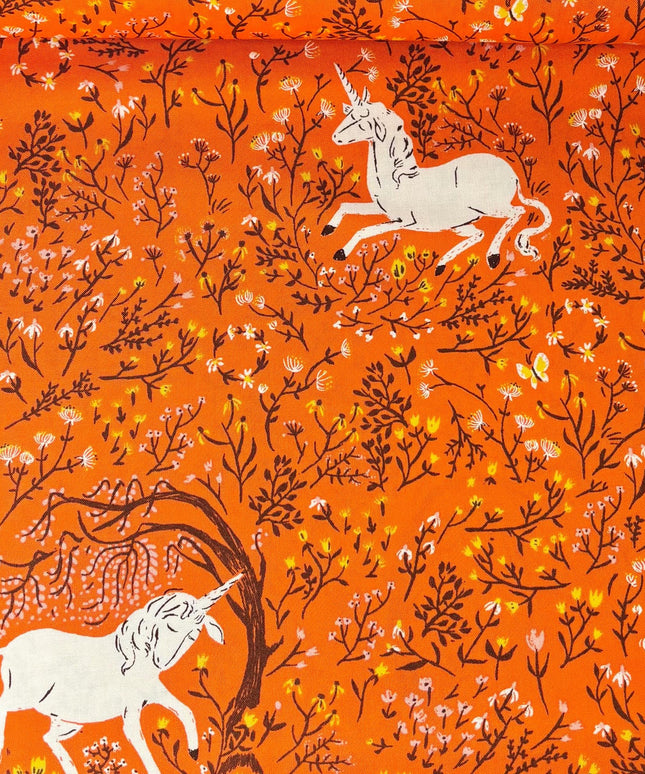 OOP Heather Ross Far Far Away Reprint Windham Fabrics - 39657-7 Orange Unicorns | Sold by the Fat Quarter