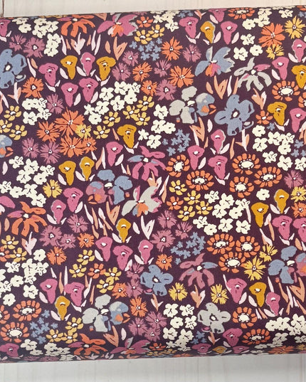 AGF Fabric |  Colorful Floral On Dark Purple | Bloomkind Meadow Dusk | COTTON Fabric | Sold by Half Yard