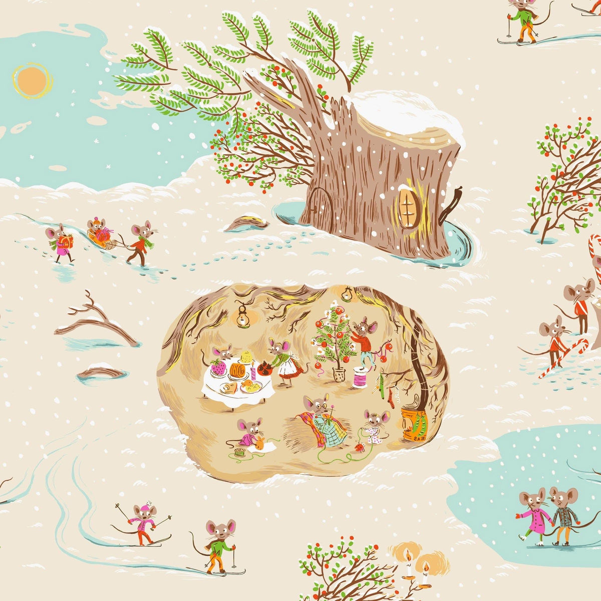 In Stock! Windham Fabrics - Heather Ross - Heather Ross Favorites - Christmas Mice in Cream - Sold by Half Yard
