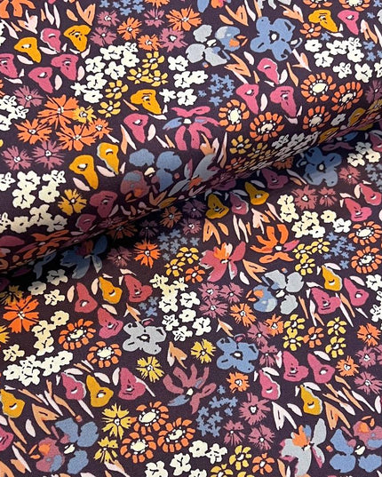 AGF Fabric |  Colorful Floral On Dark Purple | Bloomkind Meadow Dusk | COTTON Fabric | Sold by Half Yard