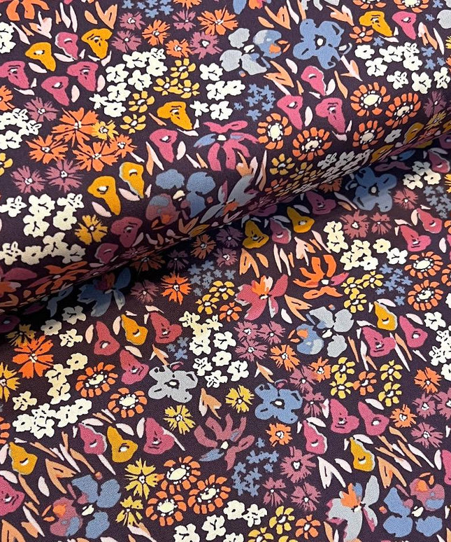 AGF Fabric |  Colorful Floral On Dark Purple | Bloomkind Meadow Dusk | COTTON Fabric | Sold by Half Yard