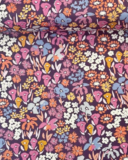 AGF Fabric |  Colorful Floral On Dark Purple | Bloomkind Meadow Dusk | COTTON Fabric | Sold by Half Yard