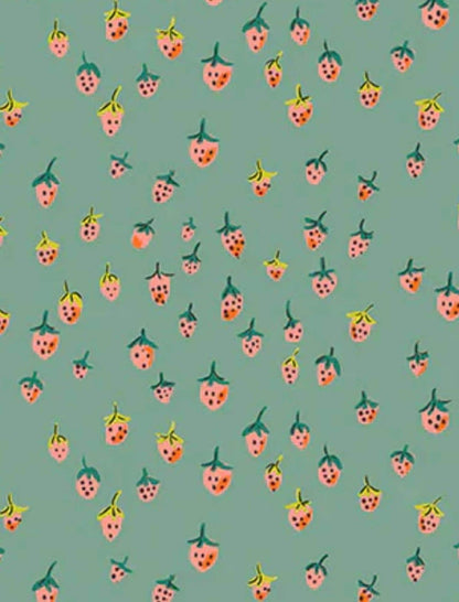 In Stock! JUNE 2026 || Windham Fabrics - Heather Ross - Heather Ross Favorites - Field Strawberries Teal - Sold by Half Yard