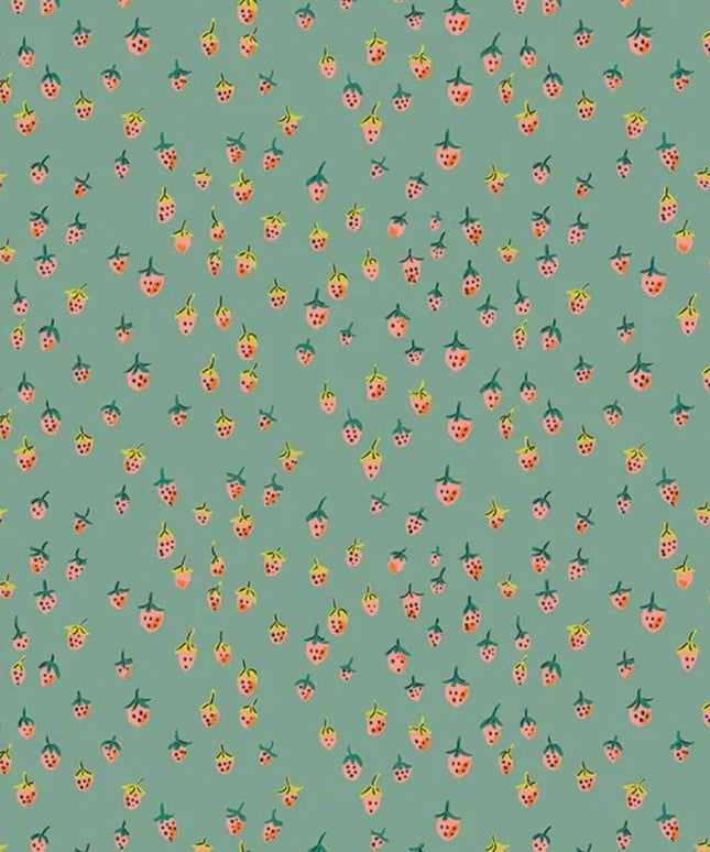PRE-ORDER - JUNE 2026 || Windham Fabrics - Heather Ross - Heather Ross Favorites - Field Strawberries Teal - Sold by Half Yard