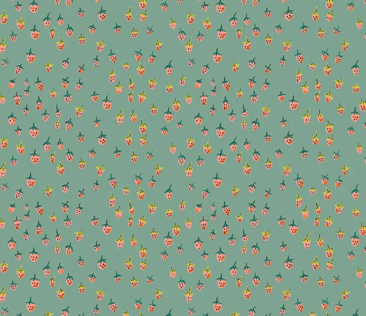 In Stock! JUNE 2026 || Windham Fabrics - Heather Ross - Heather Ross Favorites - Field Strawberries Teal - Sold by Half Yard